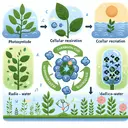 Create an informative visual representation of plants recycling elements during photosynthesis and cellular respiration. Depict a leaf cell carrying out photosynthesis with carbon in carbon dioxide being recycled into glucose. Also illustrate a plant cell during cellular respiration with hydrogen in glucose transforming into water. Show twelve molecules of water being recycled into one molecule of glucose during this process. Lastly, depict a plant grown using radioactive water, with the radioactive hydrogen being recycled into glucose. The image should be lush, green, and vibrant to represent the beauty of life's cycles.