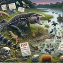 Illustrate an invasive species scenario showing the destructive impact on a native ecosystem. Focus on a hypothetical large lizard similar to a tegu wizard that has been introduced into a marshy setting akin to the Florida everglades. Showcase the lizard preying on various elements of the ecosystem including small mammals, birds, insects, plants, and eggs, highlighting the resulting imbalance. Depicting the anxiety and danger confronted by the ecosystem, portraying the risk of extinction this poses to the native creature. Lastly, hint at the presence of humans, possibly showing a distant figure releasing the lizard into the wild with an illustration of a 'fine' symbol to indicate penalty.