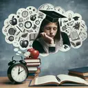 Create an image of a clutter-free study environment with an open book on the table. Also, illustrate a black, old-styled analogue wall clock ticking past seven in the morning. In the background, feature dreaming clouds floating in the sky with shapes subtly hinting at various school-related elements such as an apple, a graduation hat and a diploma. However, make sure that none of these elements draw the viewer's attention away from the central theme of studying. Finally, a tired Caucasian teenager girl trying to focus on her studies should be shown, depicting the concept of lack of sleep in students.