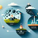 Create an appealing and informative visual representation of the carbon cycle involving fossil fuels. The image should include representation of three parts: one section shows fossil fuels formation which indicates capturing of carbon from the atmosphere, another one shows burning of these fuels giving back carbon to the atmosphere, and the last one illustrates fossil fuels being rich in carbon. However, please ensure the image is without any text or numerical symbols. It should be reflective of this scientific concept in a clear, coherent way.