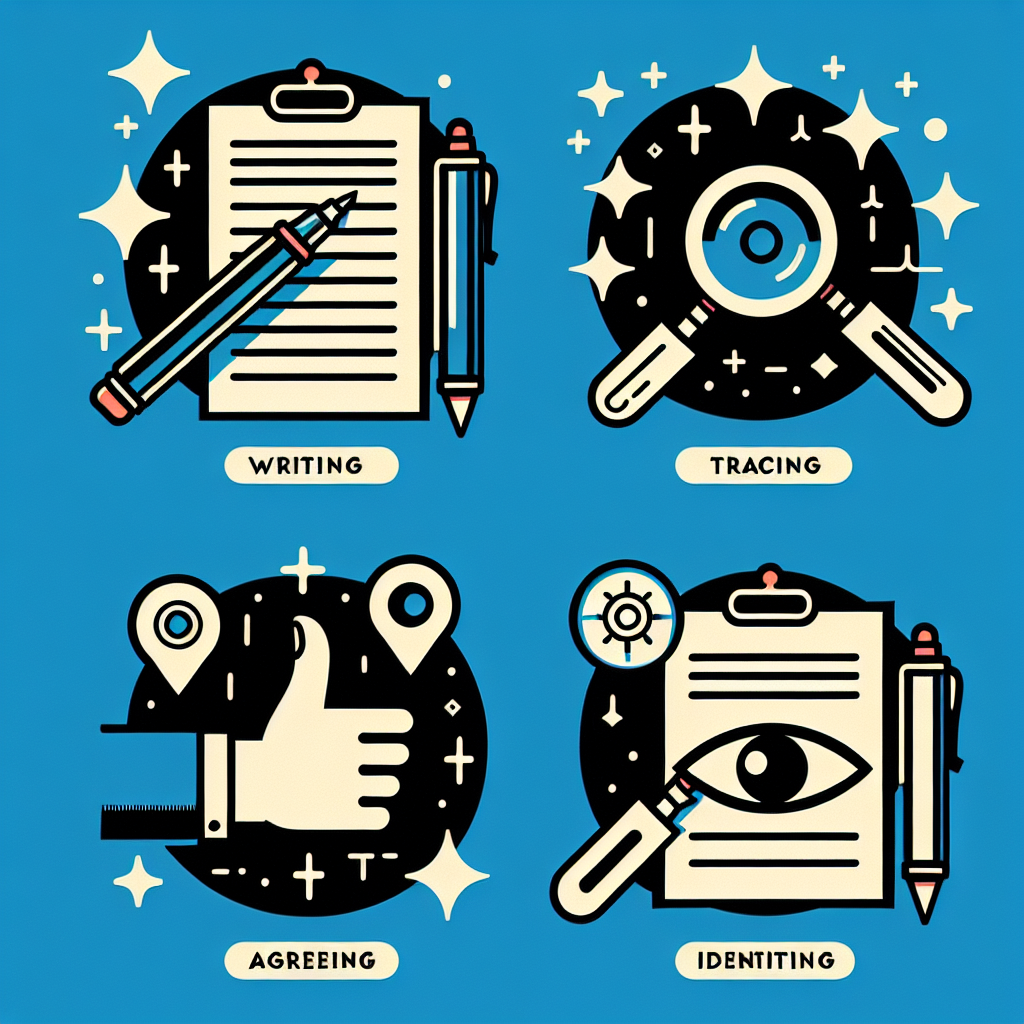 Create a visually appealing image that represents the function of reviewing a text to evaluate its argument. It should include symbolic representations of the four following concepts: writing, tracing, agreeing, and identifying, but not any text. These symbols could be represented by a pen for writing, a magnifying glass for tracing, a thumbs up for agreeing, and an eye for identifying.
