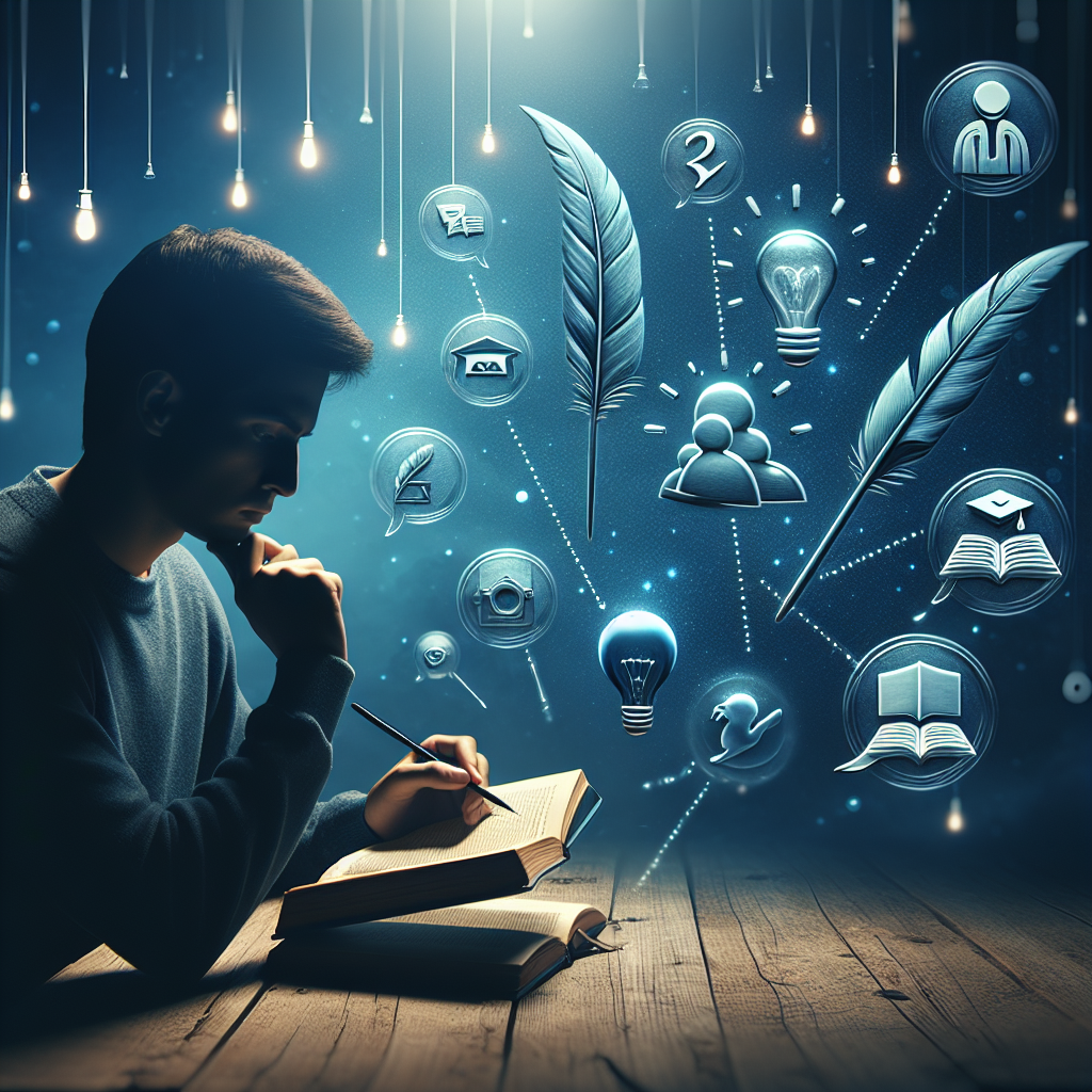 Create an image symbolizing a person deep in thought while reviewing a book. Around them, there should be several floating symbols to represent language arts, including a feather quill, an open book, and speech bubble. On the side, incorporate the numbers '3' and '6' subtly as a reference to Lesson 3 and Unit 6. The scene takes place in a serene study room with dim blue lighting that conveys the feeling of analytical thinking and study. The overall look should be serene and motivating for study, hinting the process of argument analysis.