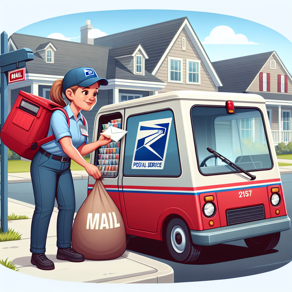 An engaging image depicting a typical day in the life of a mail delivery worker. The scene shows a Caucasian female postal worker sorting mail into a sack and loading it into a standard mail vehicle, a small, red, right-hand drive van designed for efficiency around neighborhoods. The background reveals a postal office and suburban homes, symbolizing the daily journey between the post office and the neighborhood. The mail vehicle is prominent but doesn't hold any text or brand signs. Please ensure that the female worker is wearing a blue uniform of the postal service complete with a cap.