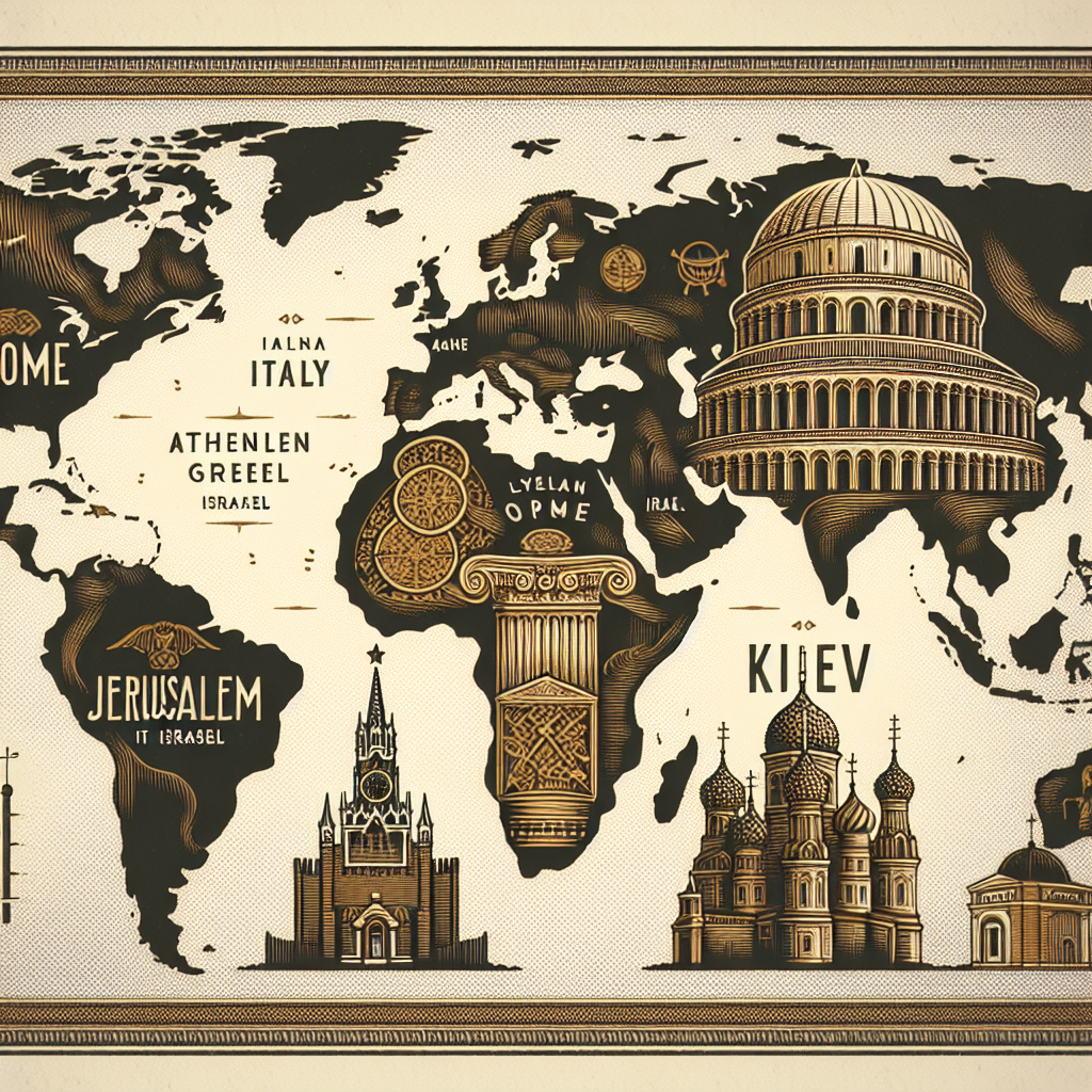 Generate an appealing image of a vintage styled world map, centering on Europe and the Middle East. Highlight the four cities mentioned: Rome in Italy, Athens in Greece, Jerusalem in Israel and Kiev in Ukraine. The map should be stylized to depict the territories of the Byzantine empire at its peak. Display architectural symbols representing each city. Use a Colosseum for Rome, an Acropolis for Athens, an iconic dome for Jerusalem, and a Cathedral for Kiev. Do not include any text in the image.