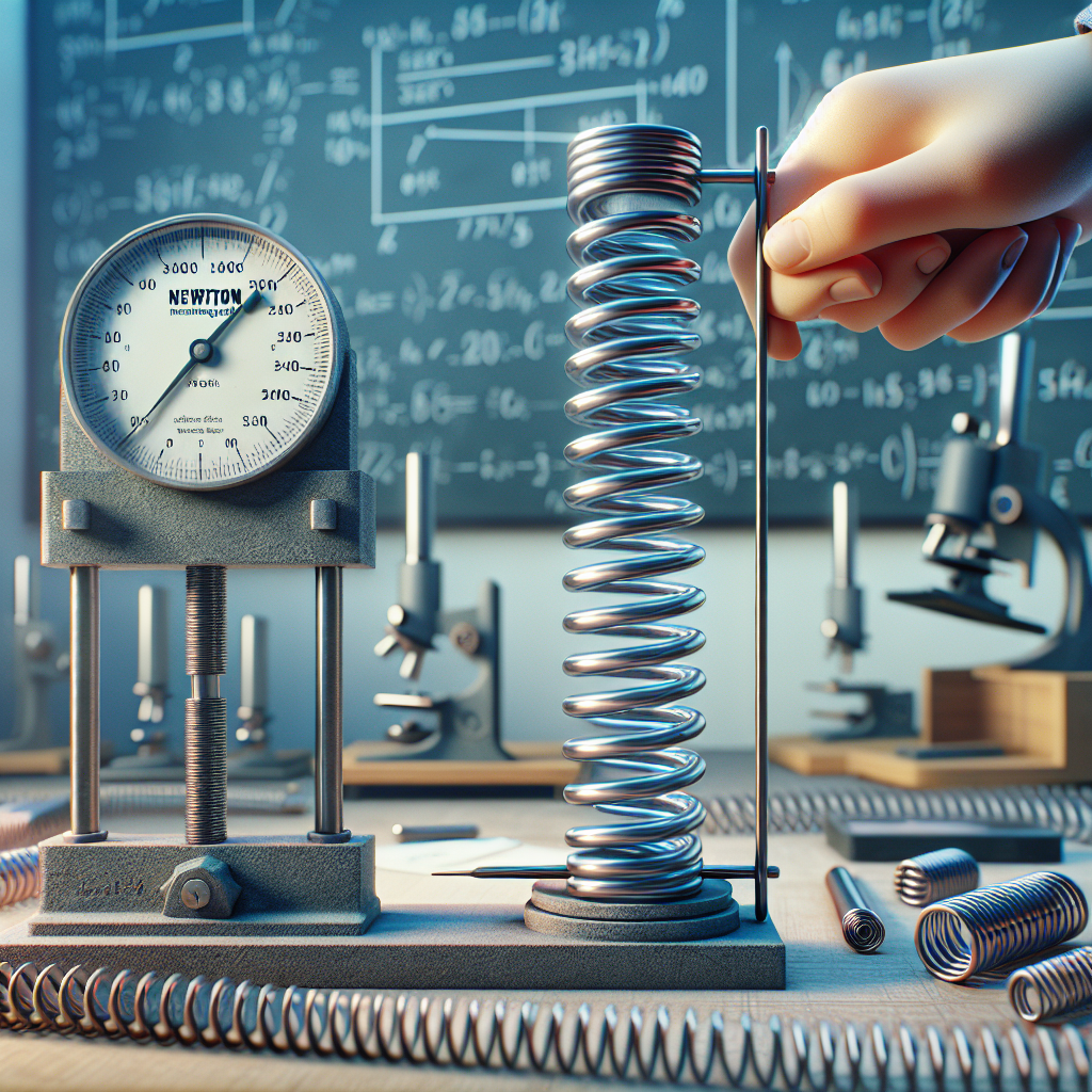 Generate a realistic, detailed image showcasing a setting relevant and conducive to the study of physics. Feature in the foreground a steel spring being stretched manually. Depict a Newton measuring scale in the scene for context, indicating the force applied, without displaying any numbers, and a small ruler showing the stretch distance. Please note to exclude including any numbers or text within the image. Show in the background physics-related apparatuses such as an assortment of smaller springs, a whiteboard with physics formulas carefully blurred out and a lab setting overall.