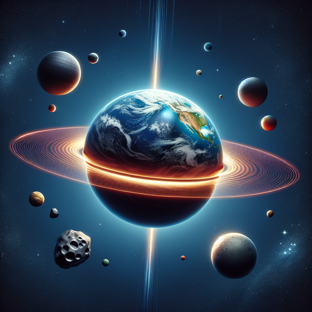 Create a compelling visual representation of the concept of gravitational attraction. This might look like Earth with a magnified pull representing gravity that is pulling in nearby celestial bodies such as moons, stars and an asteroid. Perhaps one of these astronomical entities could be missing consequently showcasing the effect of its absence on the gravitational attraction.
