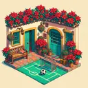 Create a quaint image of a traditional, small-sized patio in Mexico, beautifully decorated. The patio is adorned with vibrant poinsettia plants, symbolizing the spiciness of the culture, and the flowers are unusually large. In one corner, there is an improvised one-goal soccer game set up, corresponding to the small size of the patio. Do not include any text in this image.