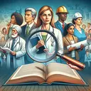 An image that represents the concept of choosing an objective source. Depict an open book in the foreground, symbolizing knowledge, with a magnifying glass hovering over it, symbolizing scrutiny or close examination. In the background, illustrate several diverse individuals engaged in various activities related to the professions mentioned (politician, doctor, construction worker, and student). Have a Hispanic female politician discussing something serious, a Caucasian male doctor in medical attire analyzing a chart, a Black male construction man wearing a hard hat and holding blueprints, and a Middle-Eastern female student reading a book.