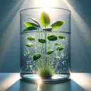 Create a detailed image of an interesting science experiment. Visualize a glass container filled with clear water placed under bright, direct sunlight. Within this container, an aquatic plant is thriving, its leaves adorned with tiny, sparkling bubbles. The bubbles represent photosynthesis phenomena, present on the first two days but absent by the third day. Don't forget to highlight the sun's rays illuminating the whole setup. However, keep the image free of any text.