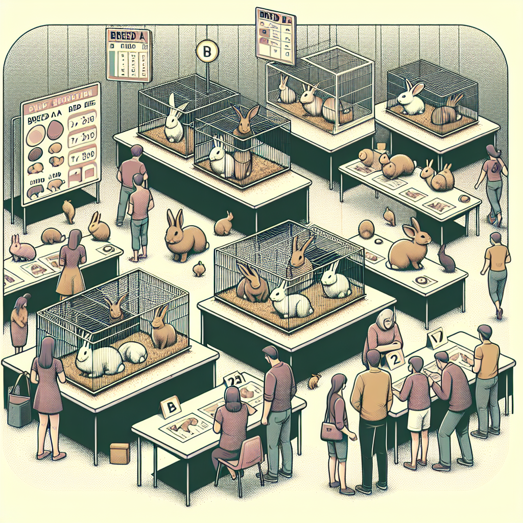 Create an image of a rabbit show scene. Amid the hustle and bustle, there are tables where rabbits of different breeds are displayed. On each table, the rabbits are inside their cages, differing in size, color, and fur length. You focus on two specific breeds. The Breed A rabbits are smaller with a range of weights shown near their cages. Breed B rabbits are visibly larger with their distinct weights also displayed nearby. There's a sense of curiosity and excitement in the air as people marvel and collect data about these intriguing creatures.