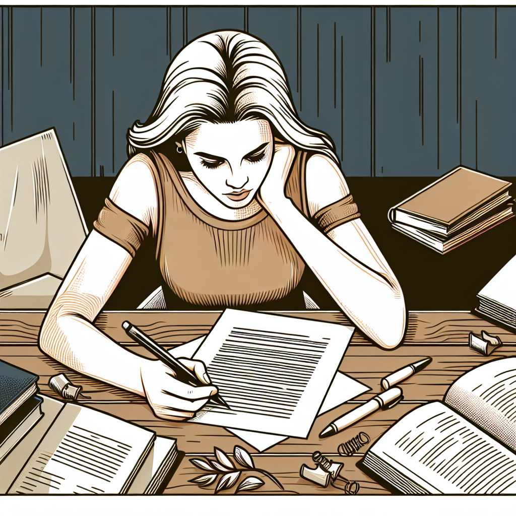 Create an image showing a person in the midst of revising a paper. Show a Caucasian woman sitting at a desk with a paper spread across it, a pen in her hand, and various books scattered around. The woman is deeply immersed in her work, pondering the changes she will make. Remember, the image should be devoid of text.