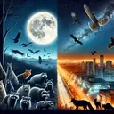Create a visually appealing and symbolic representation of nocturnal animal habitats under the intense glow of city lights. On one side, depict a natural, undeveloped wilderness area at night with a diversity of nocturnal creatures, such as bats, owls, raccoons, skunks, and fox. The moon is high in the sky, with countless visible stars. On the other side, show a similar range of animals living within an urban setting, with bright artificial lights illuminating the streets and buildings, and the night sky is washed out, with only a few stars visible.