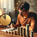 Visualize a young man from a Hispanic descent, in his financial management setup. He is meticulously counting money, with a total of 450 units distributed in piles on his wooden table. One pile, that signifies his rent, holds exactly 90 units. A golden pie chart next to him breaks his earnings down, designating a substantial slice to his rent. A serene and cozy ambiance surrounds. Note: The image should be free of text.