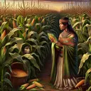 Visualize an Arikara woman adorned in traditional attire amid a cornfield. She’s carefully gathering ripe cobs of corn into her folded robe. A faint mysterious voice resounds, seemingly stirring from the cornfield. The woman appears surprised, her eyes scanning the lush field. In a concealed corner, there’s a single small ear of corn, hidden beneath the plant's leaves. The woman’s face relays an expression of understanding and solemn responsibility. The backdrop portrays the setting sunset, casting a beautiful yet somber glow on the entire scene. Note: This image should contain no text.