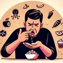 Create a vivid and attention-grabbing image that represents a person tasting something and reacting unpleasantly. Ensure that the person's facial expression and body language clearly indicate a bad taste. In the background, include symbolic illustrations of two different food items, one appealing and delicious-looking, and the other unpleasant and rather unappetizing. Do not include any text in the image.
