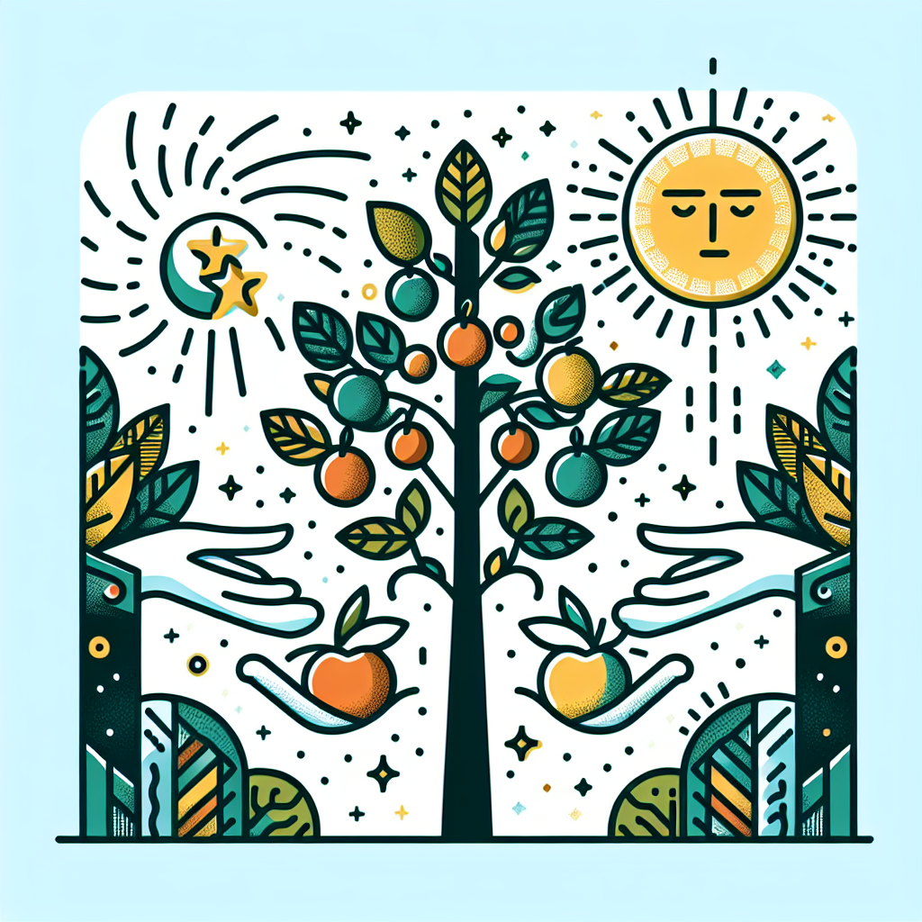 An engaging illustration that visually explores the concept of 'benefit'. This scene could include symbolic elements such as a tree laden with ripe fruits, a sun providing warmth, or a hand offering a gift. The image should communicate positivity, growth, and exchange, corresponding to the theme of 'benefit' but must not contain any text.