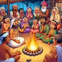 Create an engaging scene that represents the oral tradition of storytelling. Picture ancient times with a diverse group of people gathering around a fire: a South Asian woman in traditional attire is enthusiastically narrating a story with rhythmic and melodious intonations. In the audience, we see a Middle-Eastern child, eyes wide-open in intrigue, a Black man laughing and a Caucasian woman trying to memorize the tale. The scene also includes an elder Hispanic man who is quiet, observing everything, and hinting at the passing of knowledge between generations. Remember to exclude any text from the image.