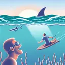 An engaging picture that visually conveys a debate regarding the experience of swimming in the ocean, with a focus on the existence of diverse viewpoints, like the joy of the experience and the inherent risks such as shark attacks. Show one human having a great time swimming, while another individual in a safe distance is looking anxiously at a dorsal fin appearing above the water surface.