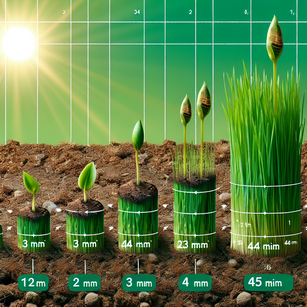 A green grass seed sprouting from the fertile soil and growing each day, sequentially reaching the heights of 12 millimeters, 23 millimeters, 34 millimeters, and 45 millimeters. The days are represented by sun transitioning from morning to noon, afternoon, and finally setting. The grass continues to grow while time lapse revealing the growth process in sequence without revealing the future growth or specific numeric details.