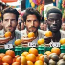 Create an image of three individuals of distinct descents - a Caucasian man, a Hispanic man, and a Black man. Each of them is in a vibrant outdoor market packed with stalls selling a variety of fruits. However, their focus is on one particular stall that boasts a pile of fresh, juicy oranges. Each man is holding a few coins, representing 3, 5.25, and 6.75 units of an unspecified currency, and is ready to make a purchase, contemplating the potential price of a single orange.