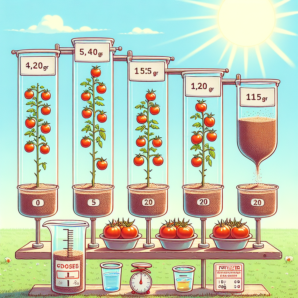 The image depicts a science experiment taking place in a sunny garden. There are 6 tomato plants, each receiving an equal amount of sunlight and water. The differences are in the dose of fertilizer they are provided: one plant has none, while the subsequent ones have 5, 10, 15, 20, and 25 grams respectively. Beside each plant is a clear, labelled container indicating the amount of dissolved fertilizer given each day. After 3 weeks, the ripe tomatoes on each plant are collected and weighed on a balance scale.