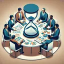A symbolic image of a group of five diverse people - an Asian male, a Hispanic female, a Caucasian male, a Black female, and a Middle-Eastern male - sitting around a circular table discussing a project. The table has various documents laid out, representing the task or the project that needs to be finished. Above them, an hourglass is edging to its final grains of sand, metaphorically representing the deadline. The group's focused faces and open body language reflect their dedication to the task at hand. The image does not contain any text.