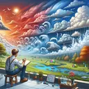 Visualize a tranquil outdoor setting where a young student is engaging in meteorological studies. The student, a Caucasian boy, is stationed outside with a notebook, making observations on the weather. The sky is a canvas of changing weather conditions, visually representing each of the listed factors. On one side, you can see a chilly cold front moving into the area, illustrated by a wall of clouds. On another side, a warm front is represented by gentle, lapping waves of cloud formations. A high amount of moisture in the air is visually shown by small water droplets hanging in the air, and a shift from a cold, blue air mass to a warm, red one is painted across the remaining portion of the sky.