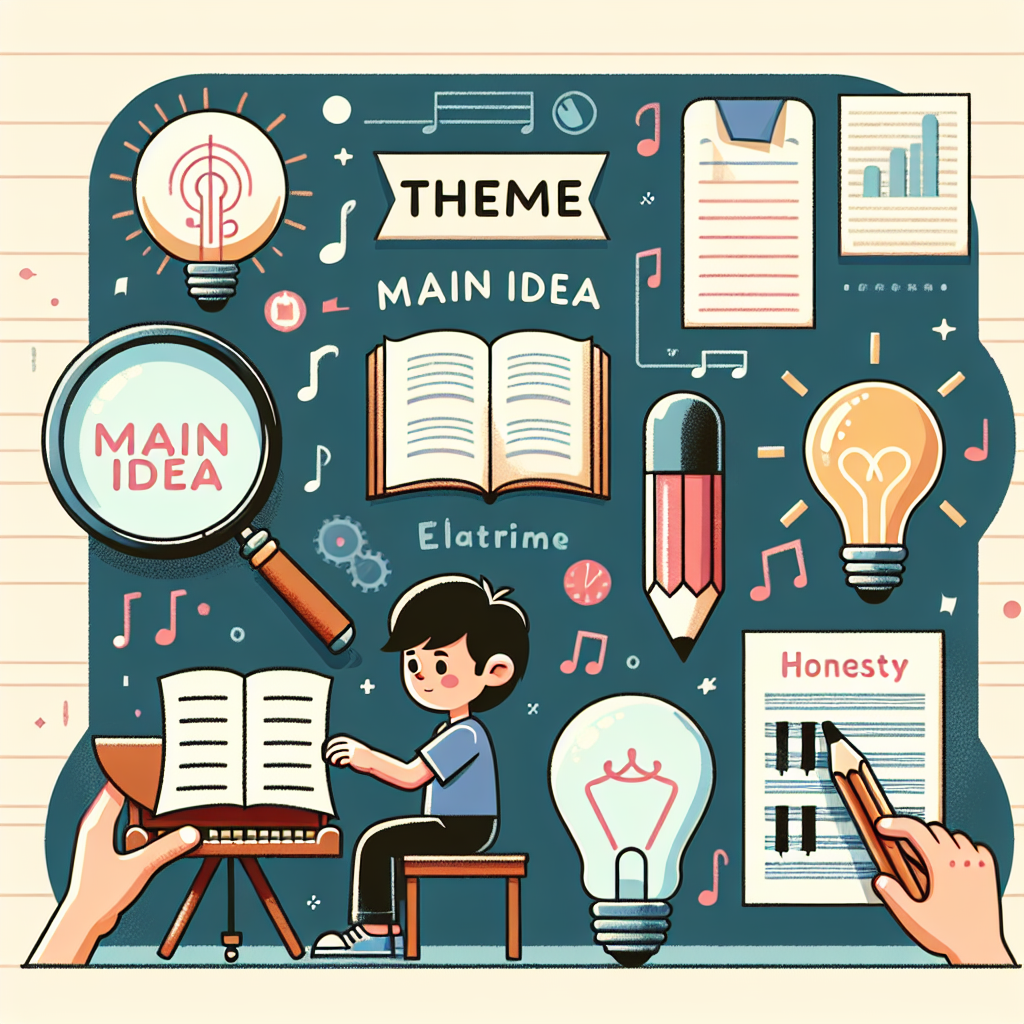 Create an image that visually represents the concepts of 'main idea' and 'theme'. Include symbols or metaphors such as a magnifying glass examining a book, representing the search for the main idea, and a light bulb, representing the 'aha' moment when a theme is realized. Additionally, depict a boy learning to play the piano, conveying the themes of honesty and learning from mistakes.