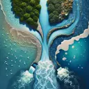 Create an image that symbolises a divergent path, creatively portraying the effects of water pollution on different types of water bodies. To begin with, display a clean, clear body of water that branches off into three pathways. The first pathway has flowing surface water like a river or a lake, the second pathway has an underground source of water to represent groundwater, and the final pathway manifests the vast expanse of the ocean. As the water flows down each pathway, show it becoming increasingly contaminated with pollutants, with a contrasting difference between the clean initial water body and the polluted final ones.