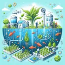 Create a visually appealing image representing the concept of aquaponics, showing its environmental benefits. Illustrate a closed-loop system where plants and fish live symbiotically, with plants absorbing nutrients from fish waste, thus reducing the use of fertilizers. Depict the system as being maintained by a diverse group of people, each engaged in various tasks such as feeding the fish or tending to the plants, showcasing the merge of technology and nature. However, the image should not contain any text.