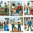 Create an image depicting a diverse group of people of different descents such as Caucasian, Hispanic, Black, Middle-Eastern, South Asian, White, in a community setting. There's a Black woman tending to a community garden, a Middle-Eastern man reading a book at a park bench, a South Asian child recycling, a White man helping an elderly Hispanic woman across the street. These scenes all subtly hint at the concept of responsibility in a society.