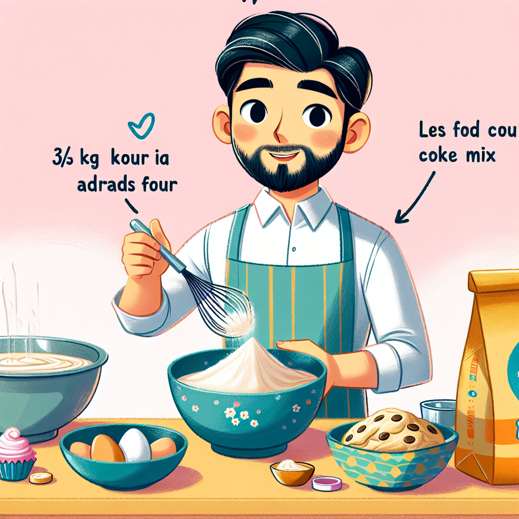 Illustrate a wholesome kitchen scene where a middle-eastern man, Mr. Lim, is engage in baking. He has two separate bowls, one for cake mix wherein 3/5 Kg of flour is already mixed, signified with a small numerical tag beside the bowl. The other bowl intended for cookie dough has less flour, visually noticeable by its lower quantity in comparison to the cake mix. Show the flour bag nearby, along with other baking supplies like eggs, butter, whisk etc. The image should be lively, colorful and inviting. Please ensure no text is incorporated within the image.