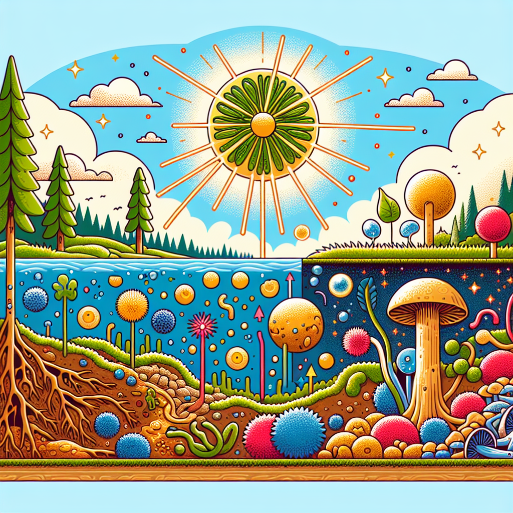 Create an image that visually represents a mutualistic relationship between algae and fungi. Show algae absorbing sunlight and converting it into energy, while fungi decompose organic material into nutrients. Display this exchange of resources between the two organisms, symbolizing mutual benefit. The illustration should be colorful and engaging, with detailed broad and microscopic views of both entities interacting in a scenic natural environment. Remember, the image should contain no text.
