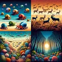 Illustration of four separate scenes in a quadrant style: On the top left, depict a few hermit crabs with various colored shells scrambling and clambering over each other on a sandy beach. On the top right, design a savannah landscape at twilight with several predators like lions, cheetahs, of different genders and descents engaged in a chase after a herd of antelope. On the bottom left, show a vibrant coral reef with different types of fish of varying genders and descents vying for shelter. On the bottom right, portray a dense forest of tall trees reaching high towards a bright sun to symbolize competition for sunlight.