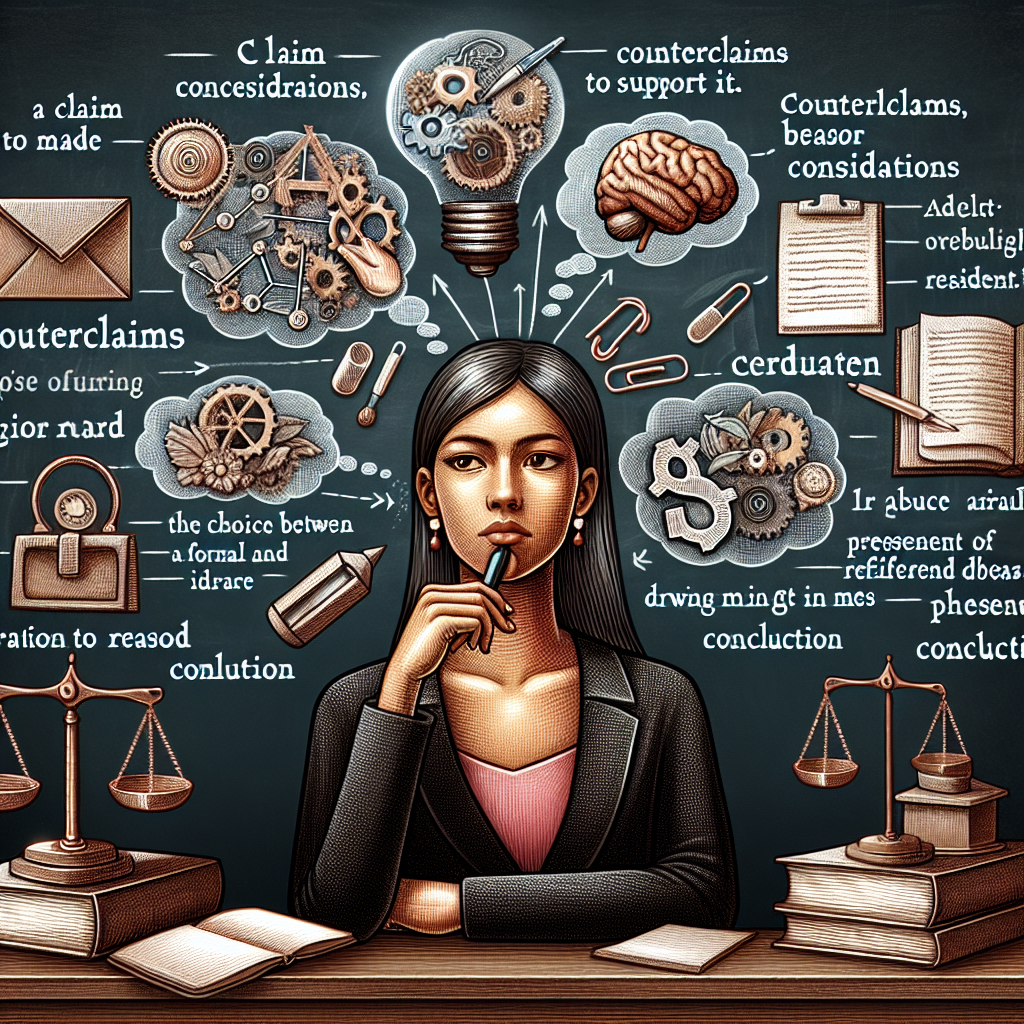 Generate an image that conveys the process of constructing an argument. A conceptual and symbolic representation. Depict an individual, perhaps a South Asian woman, deep in thought in front of a chalkboard. In her mind, visually present abstract depictions of a claim to be made, evidence to support it, and counterclaims being considered. Include a book nearby, representing sources, and a balance scale to symbolize the weight of differing ideas. Showcase other elements like audience considerations, the choice between formal and informal language, and presentation of reasons. Illustrate the concept of 'drawing in' a reader with the conclusion. Remember, ensure the image does not contain any text.