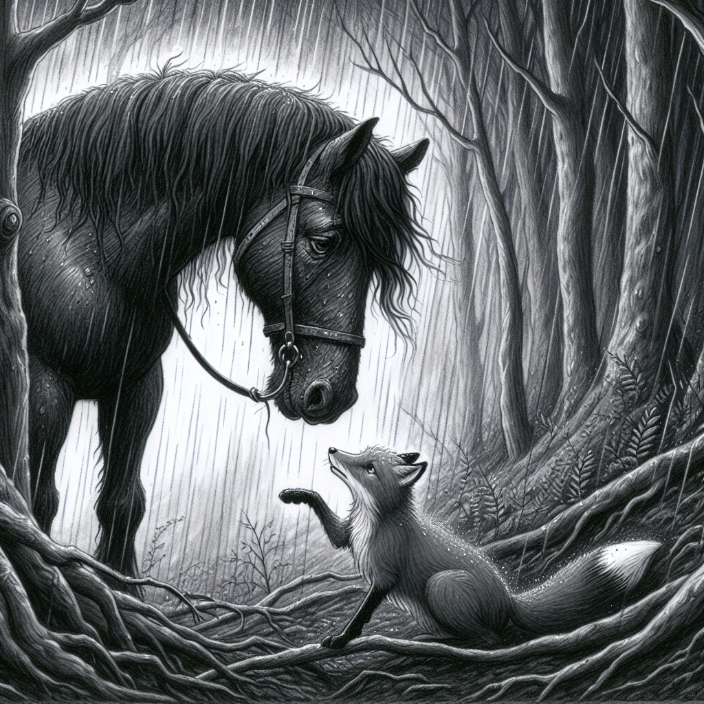 Illustrate a sorrowful horse wandering in the depths of a woodland, its head hanging low as it beseeches solace from the bracing wind and rain. A fox, radiating curiosity, encounters the gloomy equine, opening a dialogue with concern painted across its features. The scene should encapsulate the melancholy of the horse and the compassion displayed by the fox, echoing the narrative of abandonment, emotional distress, and faint hope detailed in the text.