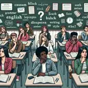 An inclusive educational scene centered around language and style studies. There should be a few students of different descents such as Caucasian, Black, Hispanic, Middle-Eastern, and South Asian sitting at desks in a glossary-decorated classroom. The students should be thoughtfully scratching their heads, while looking at their notebooks and textbooks, signifying the challenge of a unit test. A chalkboard in the background should have English grammar rules and writing style guidelines written on it. We can't see the teacher: only the back of the chair can be perceived. Everything in the classroom should suggest an atmosphere of intense learning.