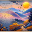 Capture the essence of Sara Teasdale's poem, 'August Moonrise', through an evocative image. Imagine a scene with the sun setting and the moon rising over blue hills, turning a vibrant yellow gold. Add a swathe of dark, restful maples against the pinkish west. Integrate darting swallows, like fleeting, dark petals. Illustrate a hazy orange moon growing in the dusk, transitioning into a lustrous yellow gold, the hills darkening into a deep blue hue. Leading away from light, depict a descending path signifying an escape into the realm of nature. Throughout the piece, infuse the imagery with a sense of connectivity to beauty, the emotion deeply bound with the intricate aspects of nature.