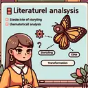 An image indicating a learning environment with a focus on literature analysis. It incorporates the concept of storytelling, thematical analysis and the symbol of a butterfly symbolizing transformation. Also, include a character, perhaps a Hispanic female student, showing her selected answer to a question subtly but the image must not include any text.