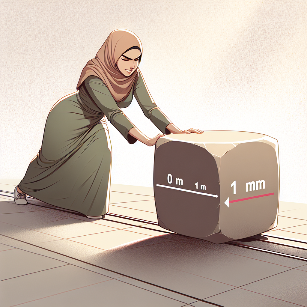 Illustrate a scene of a Middle-Eastern woman exerting herself to push a heavy, seemingly unmovable object over a distance of one meter. Despite the object's size, her persistent push indicates a force of just one newton. The setting is a plain open space, the surface appears hard and smooth, allowing for the motion to take place. Lighting conditions are optimal, highlighting the woman and the object. She wears comfortable attire and her determined expression enhances the overall visual appeal of the scene.
