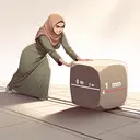 Illustrate a scene of a Middle-Eastern woman exerting herself to push a heavy, seemingly unmovable object over a distance of one meter. Despite the object's size, her persistent push indicates a force of just one newton. The setting is a plain open space, the surface appears hard and smooth, allowing for the motion to take place. Lighting conditions are optimal, highlighting the woman and the object. She wears comfortable attire and her determined expression enhances the overall visual appeal of the scene.