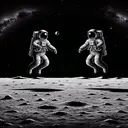 Illustrate an intriguing scene of two astronauts could be seen 'bouncing' or lightly hopping on the surface of the moon, against a backdrop of the monochrome, cratered lunar landscape, with the dark void of outer space dotted with distant stars overhead. The astronauts should have universally identifiable space suits with visored helmets, representing no particular nationality or organization. Beyond them, the inky blackness of space is punctuated by distant stars. There is no sign of earth in the background, emphasizing the feeling of being in a completely different, weightless world. Please ensure there is no text anywhere in this image.