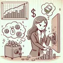 Draw an image depicting a woman, presumably Miranda, who is carefully saving and counting her coins much like the character Scrooge from the classic 'A Christmas Carol'. She should be surrounded by symbols of financial success, such as a healthy stock market chart and a safe full of money, symbolizing her successful business. However, she remains thrifty and cautious - perhaps even exaggeratedly so - in her handling of money. Avoid including any text in the image.