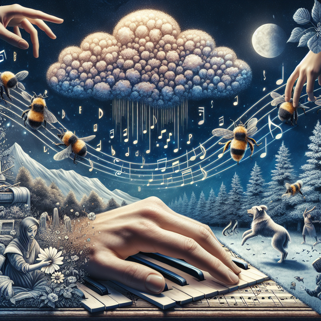 Create an engaging scene that symbolizes the art of poetry. In the center, have a human hand rhythmically tapping on an antique wooden table, representing the 'beat' in poetry. Include an auditory cloud above, filling with stressed and unstressed musical notes to symbolize the pattern of syllables. Show a chorus of bees, some humming a tune and others with extended wings, circling a flower, representing Emily Dickinson's poem. In another part of the image, depict a snow-clad mountain under the night sky, covered like a blanket while a playful dog dances across a field under moonlight, representing similes and personification in poetry. The image, however, should not contain any written text.