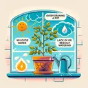 An illustrative scene showing a plant in a pot on a window sill with the sun shining brightly, visually demonstrating potential issues that could cause the plant to have too little water. The scene should include a plant with wilted leaves symbolising too little water, an overly draining pot, a harsh, drying sun overhead, lacking proper care or lack of regular watering demonstrated by an empty watering can at the corner of the scene.