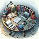 Create a serene image of a study environment. There's a drawn-out space of a circular table laden with an array of multicolored books. The atmosphere in the room reveals a student's dedication to learning: a notepad, pens, a lamp for reading purposes, and an open laptop are present. An unplugged headphone is also present, representing a break from any auditory material the student might be working with. To carry the theme of the questions, subtly illustrate themed items from renowned fairy tales, superhero comics, and popular works of literature scattered across the space.