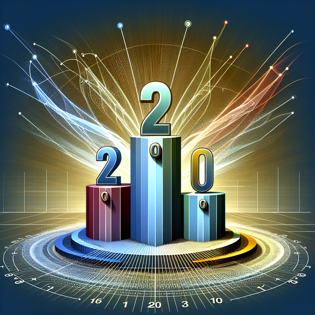 An abstract representation of a numerical concept, illustrating the number '2000' at the peak of an elevated podium, with '3' smaller podiums symbolizing weeks, each with a symbolic representation of '#1'. Around there should be '10' items, each radiating lines to represent interest, changing intensity with each passing week. Use bright, appealing colors, but no textual representation is to be incorporated.
