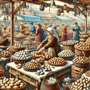 Illustrate a bustling, colorful marketplace scene with various market stalls. Center the scene around a market woman of Caucasian descent engaged in a transaction where eggs are being exchanged. She is leaning on a table where dozens of eggs are displayed attractively in woven baskets. The image should reflect a feeling of commerce and busy transaction but must not contain any text.