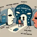 Illustrate an image that symbolizes the concept of bias and perspective. Show a person peering through a keyhole, indicating a limited view of the world, which reflects first-person narrative bias. Beside the person, have two contrasting masks representing other characters, whose perspectives are not included in the first-person narrative. Lastly, add a book on the side, symbolizing the storytelling aspect. Draw everything in an abstract and symbolic way. Make sure the image contains no text.
