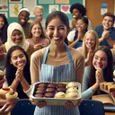 An image of a young female baker, of South Asian descent, in a school environment. She is known for her exceptional baking skills, which she exercises by bringing a variety of homemade desserts to her classmates every Friday. In the image, it's Friday, and Susie is during English classes, distributing her creations: brownies, cupcakes, or cookies, to all her classmates represented by a diverse group of students (Hispanic, Caucasian, Middle-Eastern, and Black descent). Display her generosity by showing broad smiles on everyone's faces as they receive their sweets, including their female teacher of White descent.